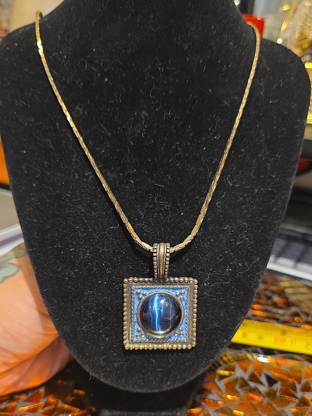 Vintage Gold Pendant Necklace with Blue Cabochon